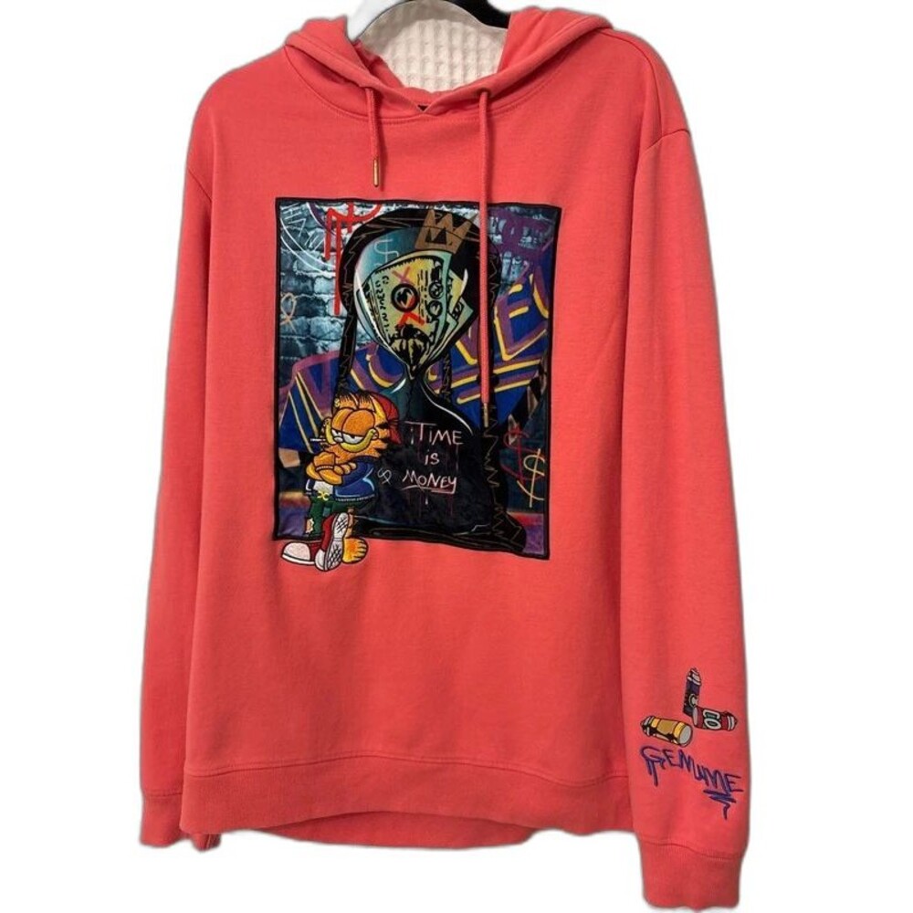 Genuine Streetwear Garfield Time Is Money Graffiti Hoodie Coral Size XL